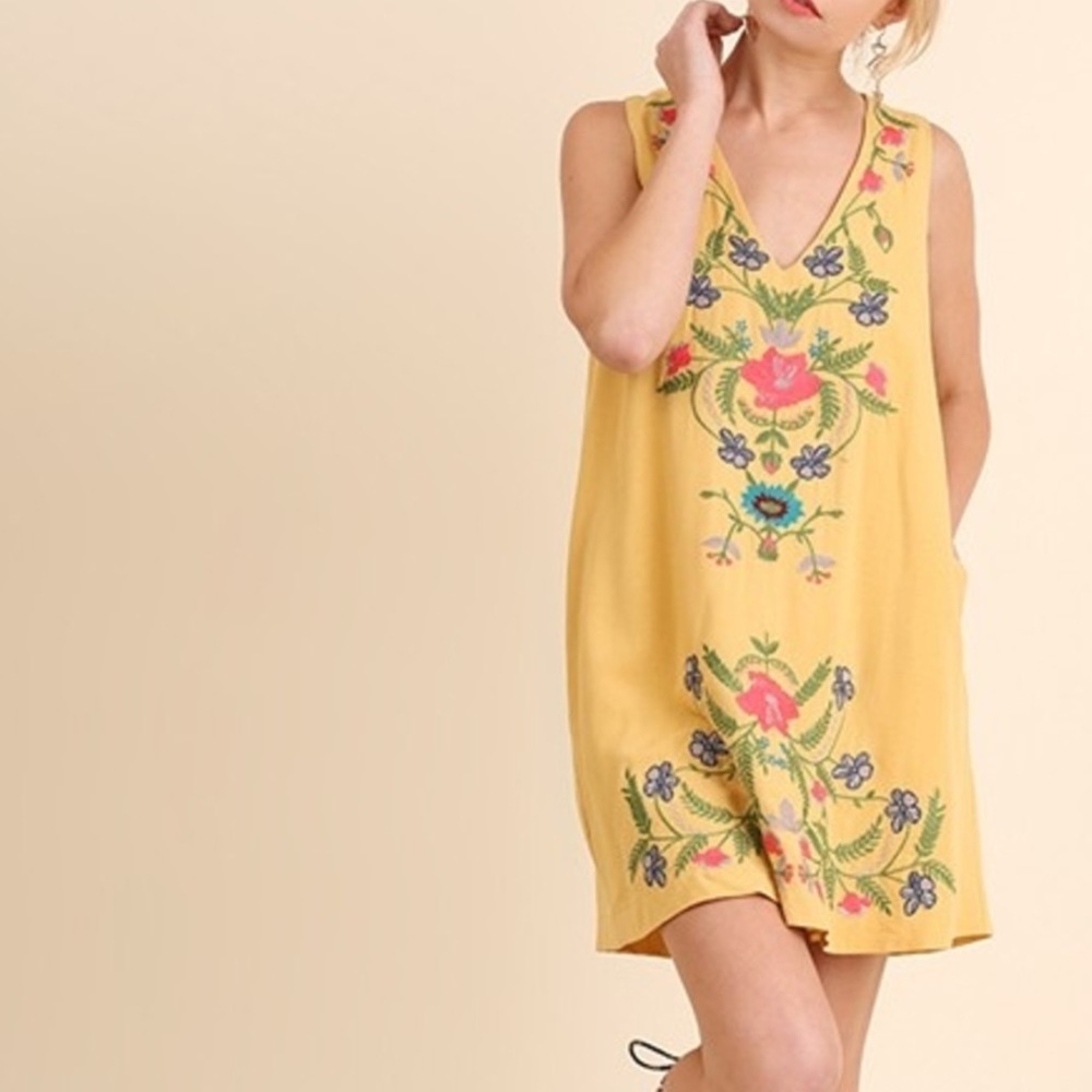 Umgee Yellow Boho Embroidered Pocket Dress Small